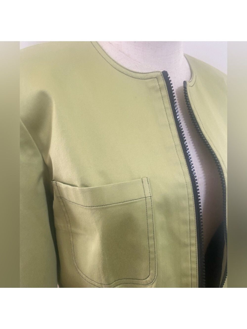 90S CHARTREUSE W BLACK FRONT ZIP LINED CROPPED COLLARLESS BLAZER NORMCORE 8 - Picture 4 of 8
